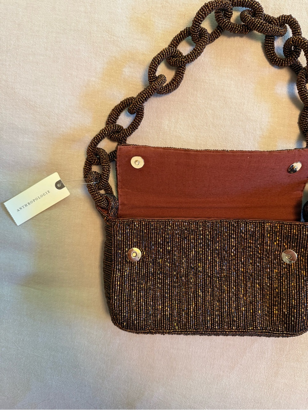 Anthropologie Brown Beaded Chain-Handle Shoulder Bag - Picture 2 of 4